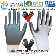 Guantes revestidos del nitrilo de la cáscara 13G del poliéster (N1501) Acabado liso con el CE, guantes del en388, En420, del trabajo